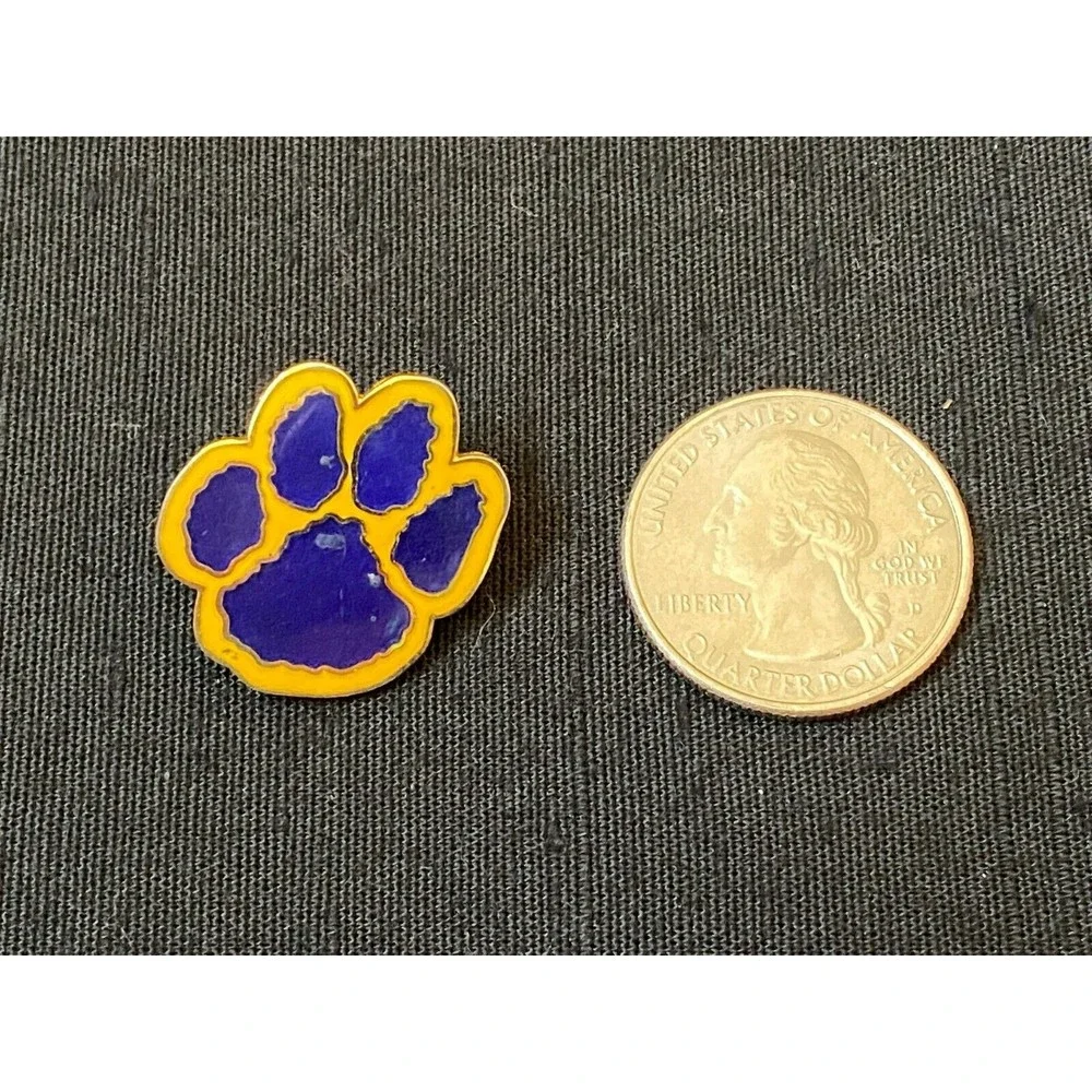 Award Pin Purple and Yellow Enamel Gold Tone Paw Print School Mascot VINTAGE